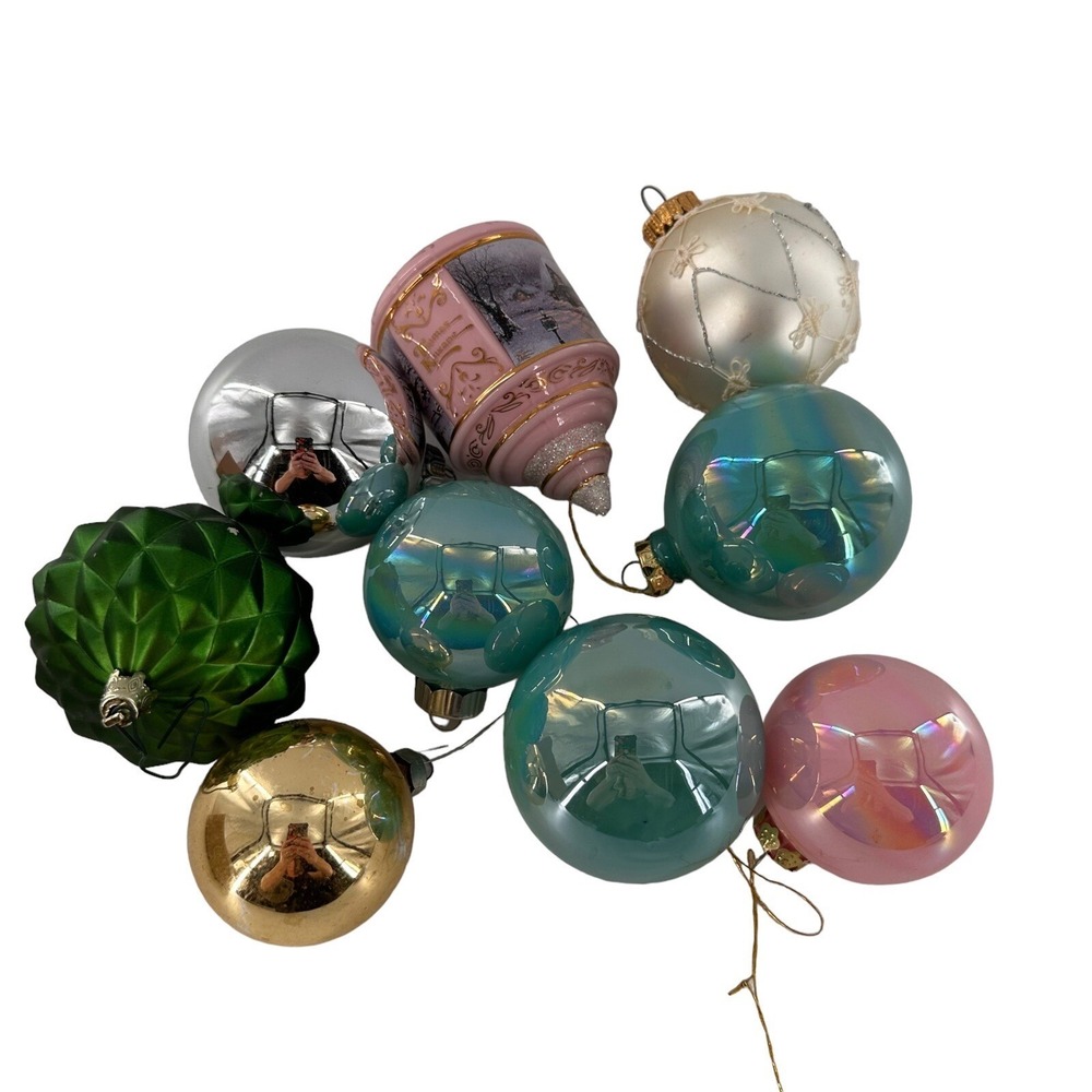 9pc Mercury Glass Christmas Ornament Blown Gold Green Tree Multicolor Retro Ball